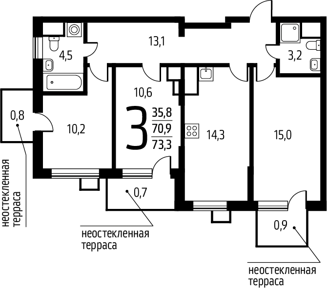 3-комнатная квартира с отделкой в ЖК Новые Ватутинки. Центральный на 7 этаже в 5 секции. Сдача в 1 кв. 2024 г.
