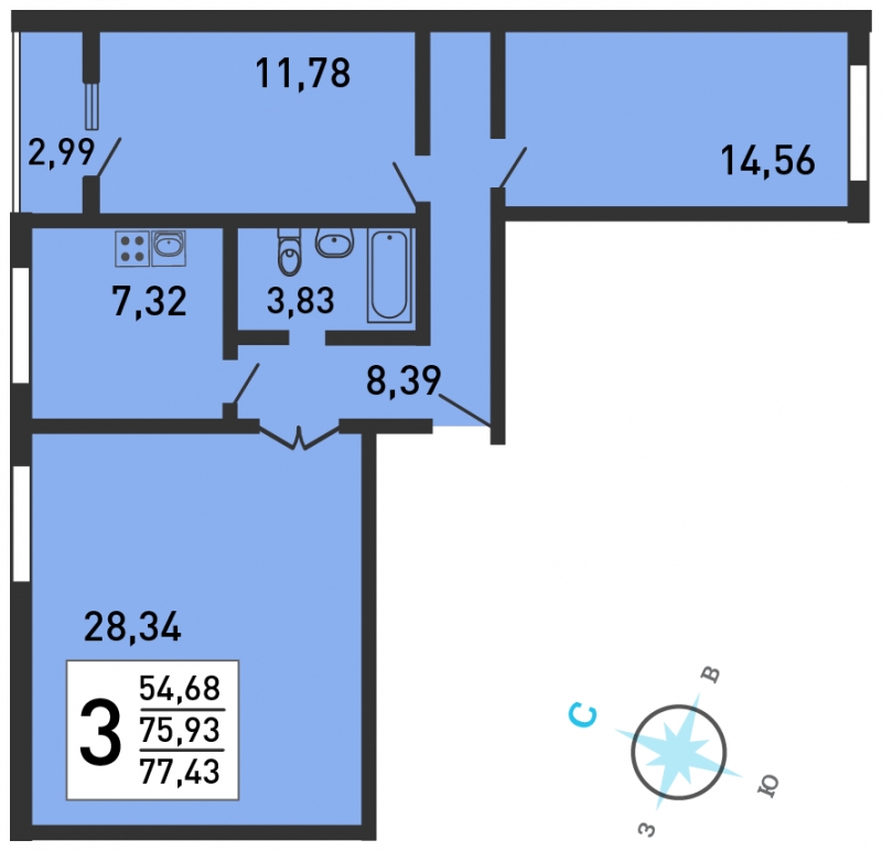 3-комнатная квартира в ЖК Остров Эрин на 1 этаже в 8 секции. Сдача в 2 кв. 2019 г.
