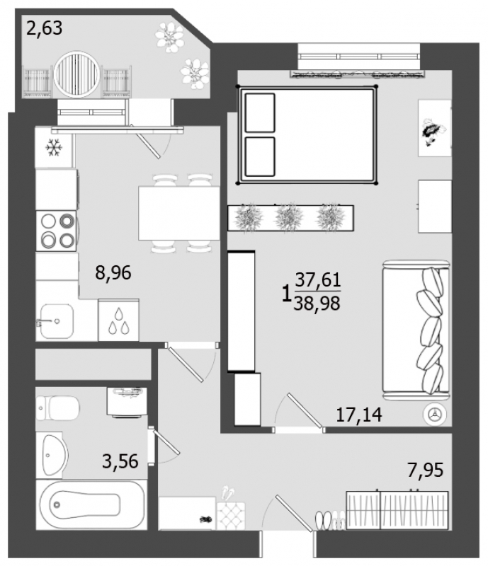 1-комнатная квартира с отделкой в ЖК 28 микрорайон на 24 этаже в 4 секции. Сдача в 4 кв. 2019 г.