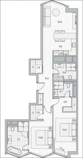 3-комнатная квартира с отделкой в ЖК Аркада Арт на 13 этаже в 1 секции. Сдача в 1 кв. 2019 г.
