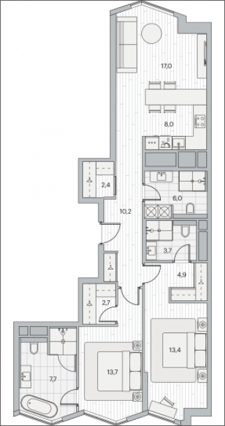 3-комнатная квартира в ЖК Английский квартал на 11 этаже в 21 секции. Дом сдан.
