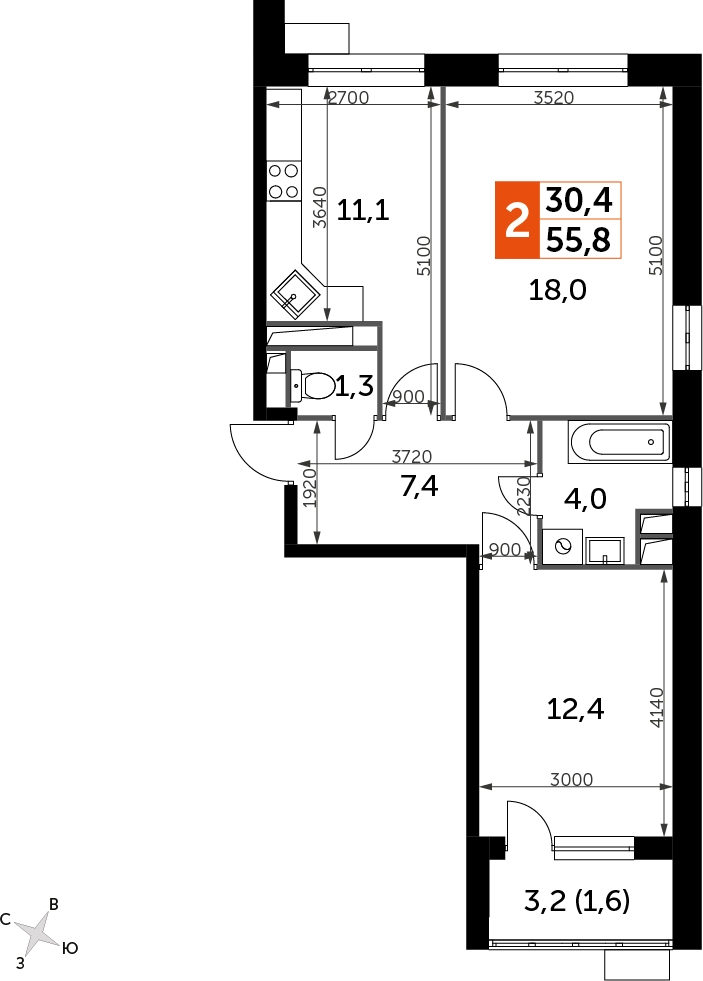 1-комнатная квартира с отделкой в ЖК Карамельный на 11 этаже в 1 секции. Сдача в 4 кв. 2020 г.