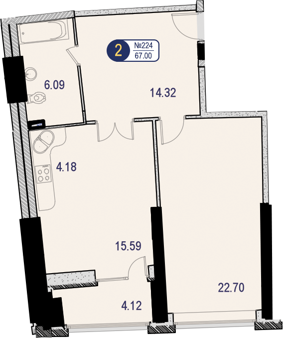 1-комнатная квартира с отделкой в ЖК Новые Ватутинки. Центральный на 3 этаже в 4 секции. Сдача в 1 кв. 2024 г.