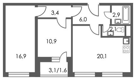 2-комнатная квартира в ЖК Олимп на 6 этаже в 1 секции. Дом сдан.
