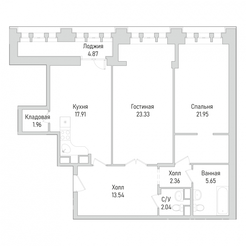 3-комнатная квартира с отделкой в ЖК Новые Ватутинки. Центральный на 13 этаже в 4 секции. Сдача в 1 кв. 2024 г.