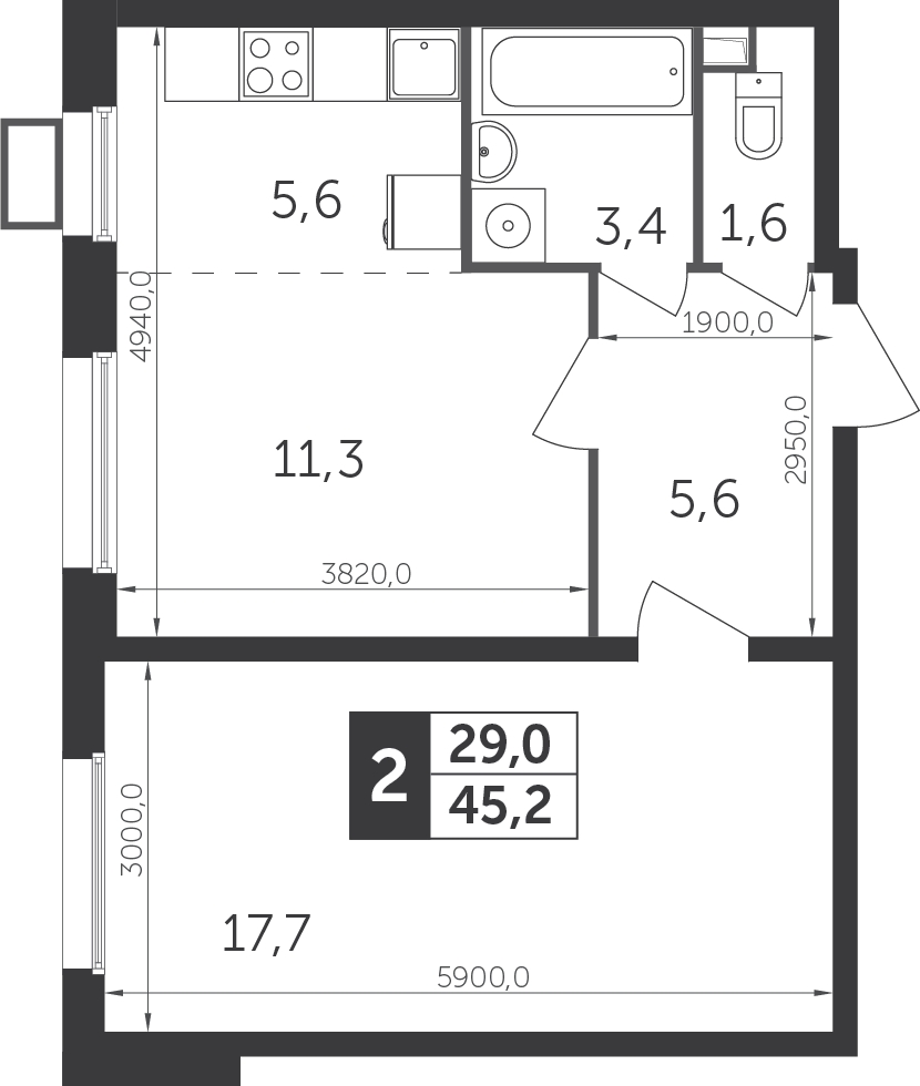 1-комнатная квартира в Микрорайон Центральный на 23 этаже в 1 секции. Дом сдан.