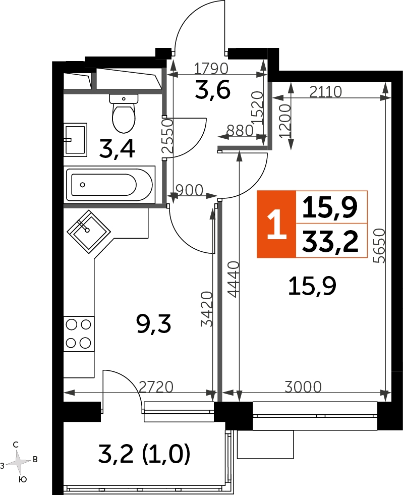 1-комнатная квартира в ЖК Датский квартал на 6 этаже в 1 секции. Сдача в 4 кв. 2023 г.