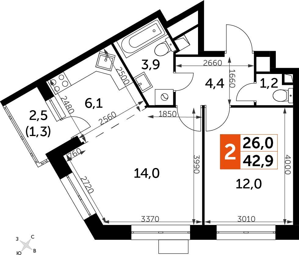 2-комнатная квартира в ЖК Датский квартал на 3 этаже в 17 секции. Сдача в 4 кв. 2023 г.