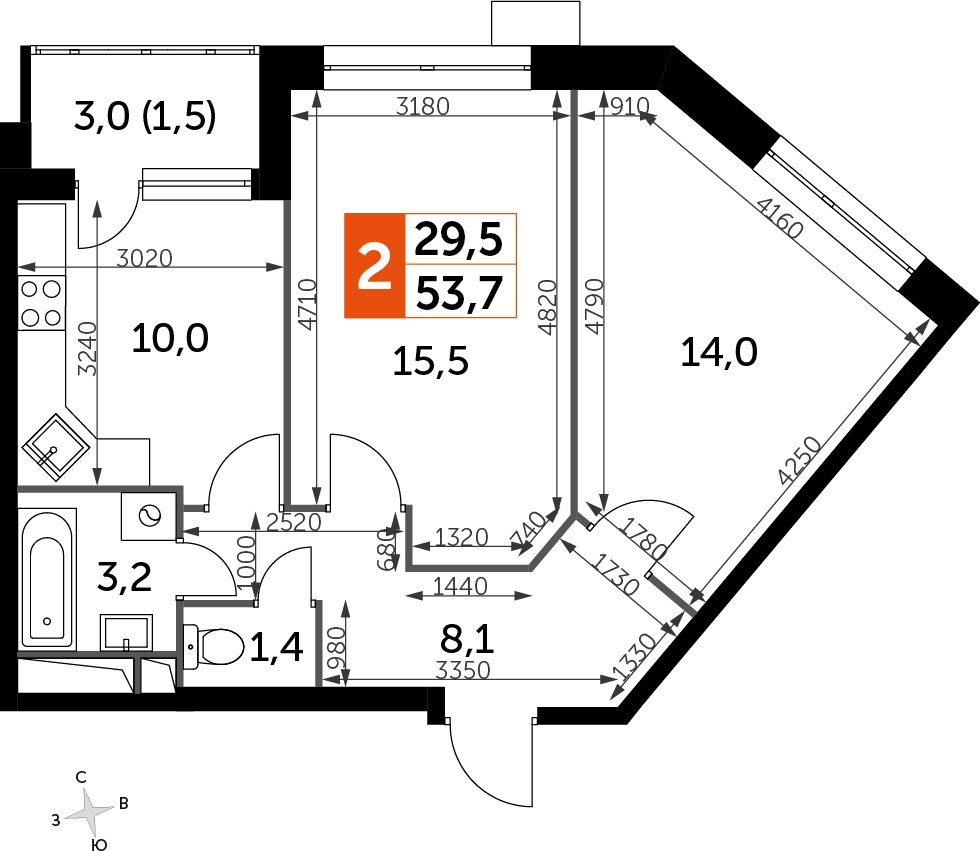 2-комнатная квартира с отделкой в ЖК Карамельный на 15 этаже в 2 секции. Сдача в 4 кв. 2020 г.