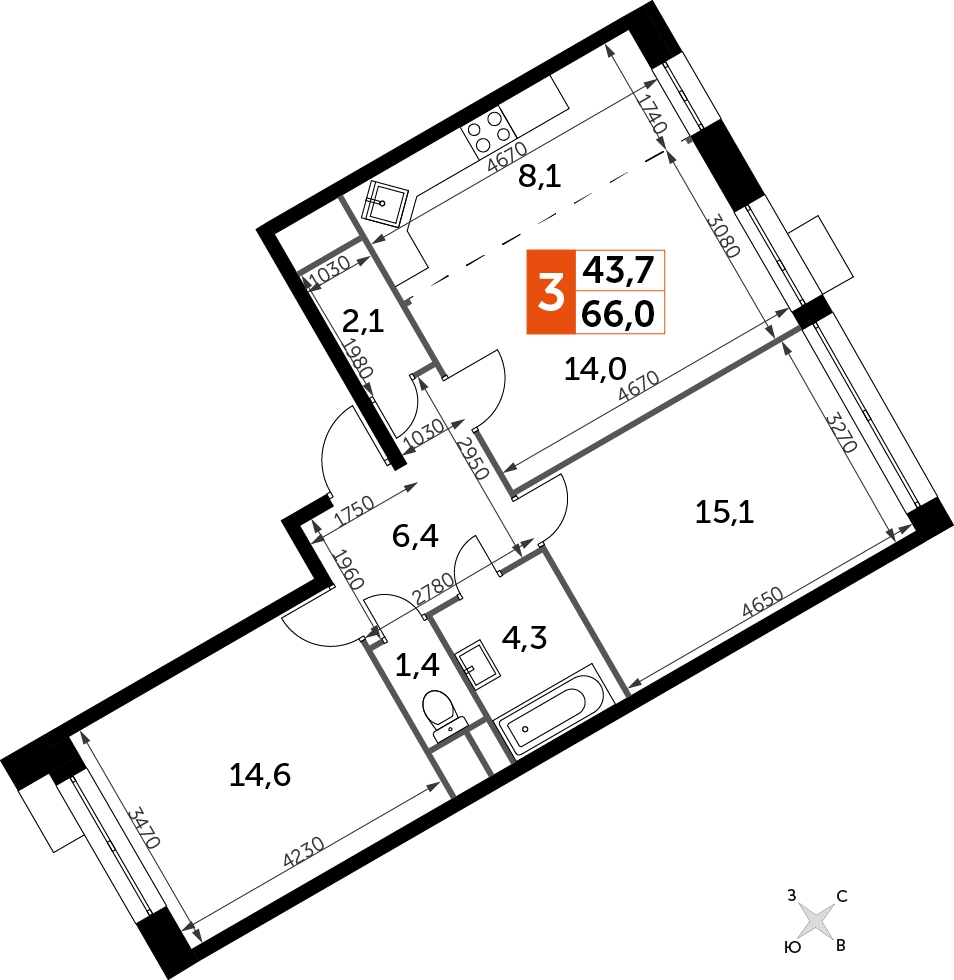 1-комнатная квартира в ЖК Датский квартал на 3 этаже в 4 секции. Сдача в 4 кв. 2023 г.