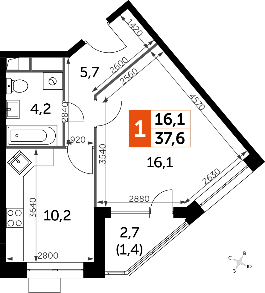 2-комнатная квартира в ЖК Датский квартал на 9 этаже в 12 секции. Сдача в 4 кв. 2023 г.