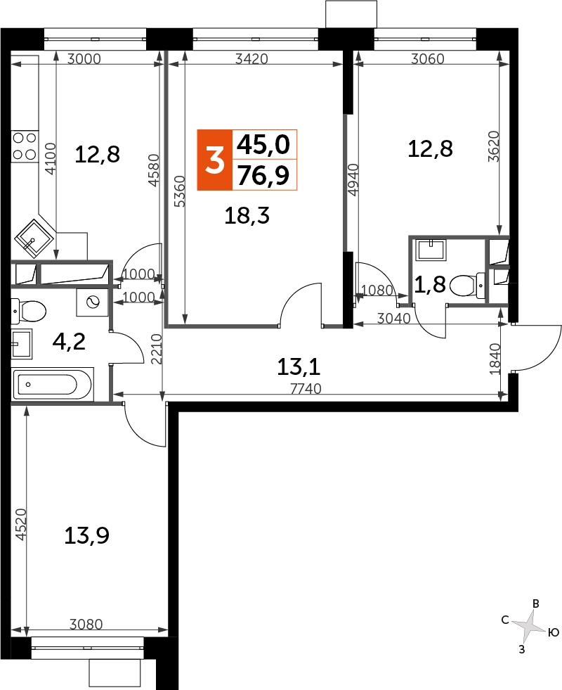3-комнатная квартира в ЖК Датский квартал на 4 этаже в 15 секции. Сдача в 4 кв. 2023 г.