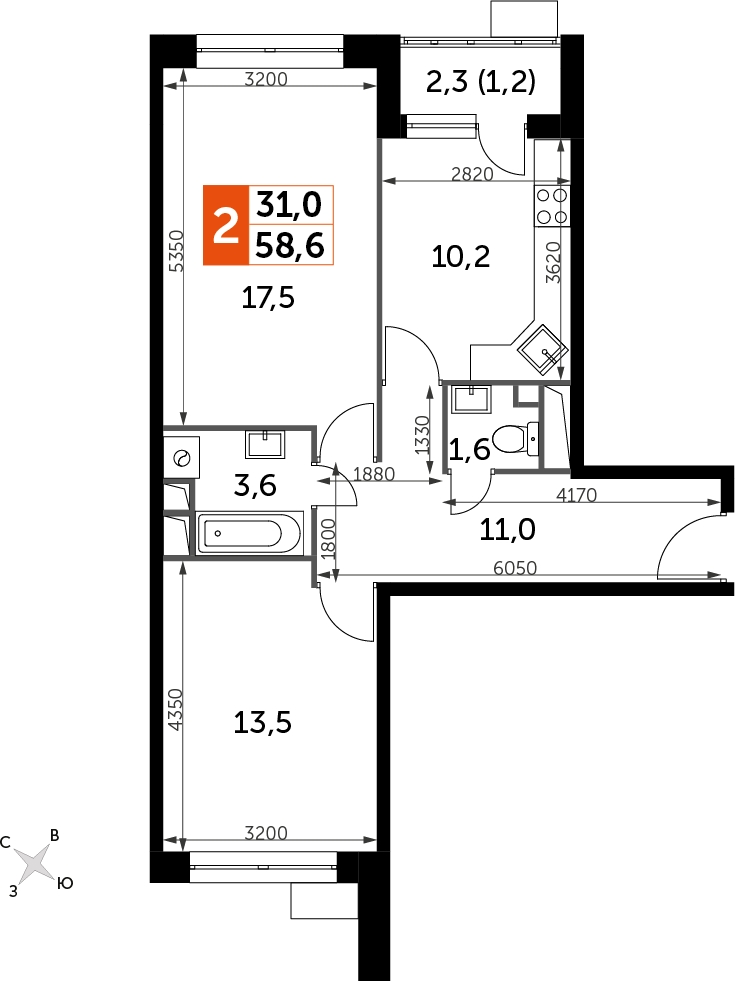2-комнатная квартира в ЖК Датский квартал на 5 этаже в 13 секции. Сдача в 4 кв. 2023 г.