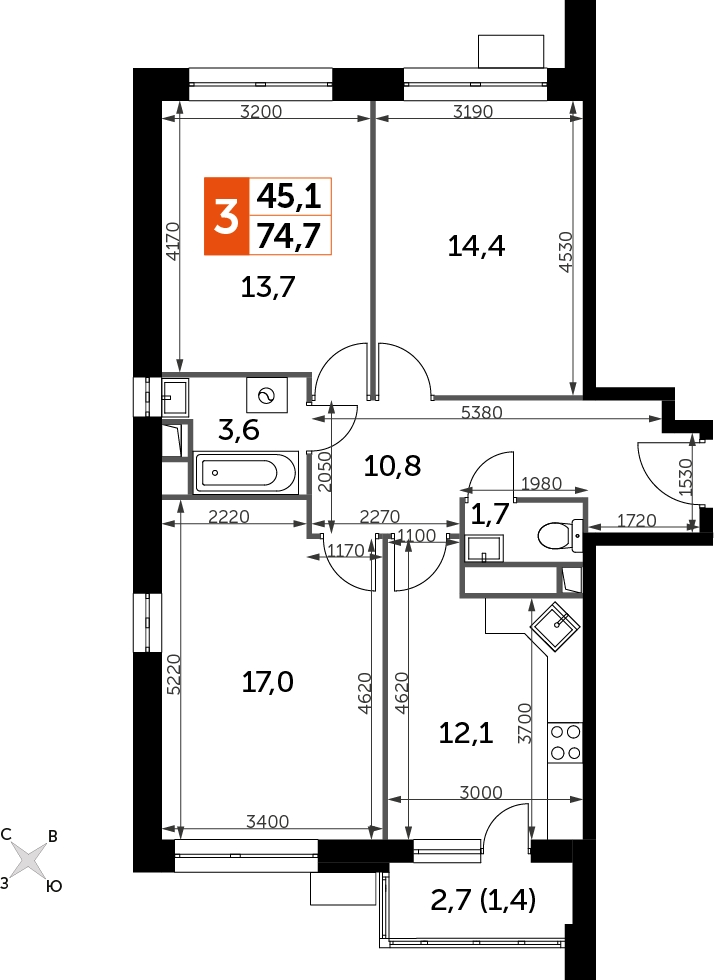 3-комнатная квартира с отделкой в ЖК Карамельный на 15 этаже в 3 секции. Сдача в 4 кв. 2020 г.