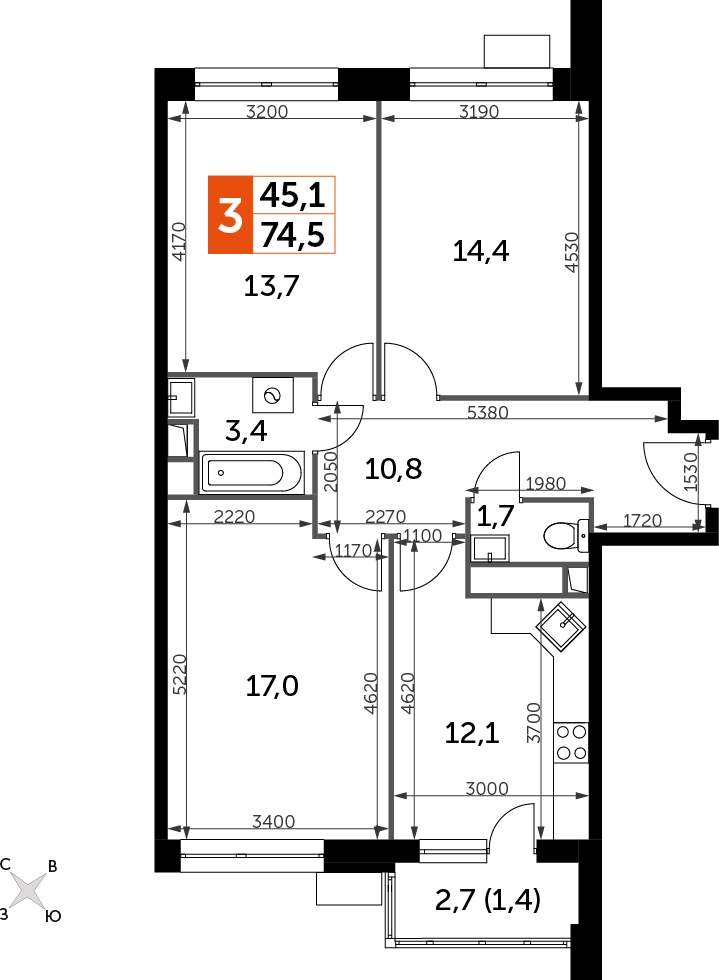3-комнатная квартира с отделкой в ЖК Датский квартал на 13 этаже в 3 секции. Сдача в 4 кв. 2023 г.