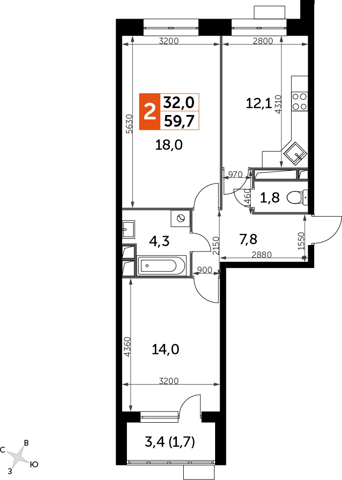 3-комнатная квартира с отделкой в ЖК Карамельный на 11 этаже в 1 секции. Сдача в 4 кв. 2020 г.
