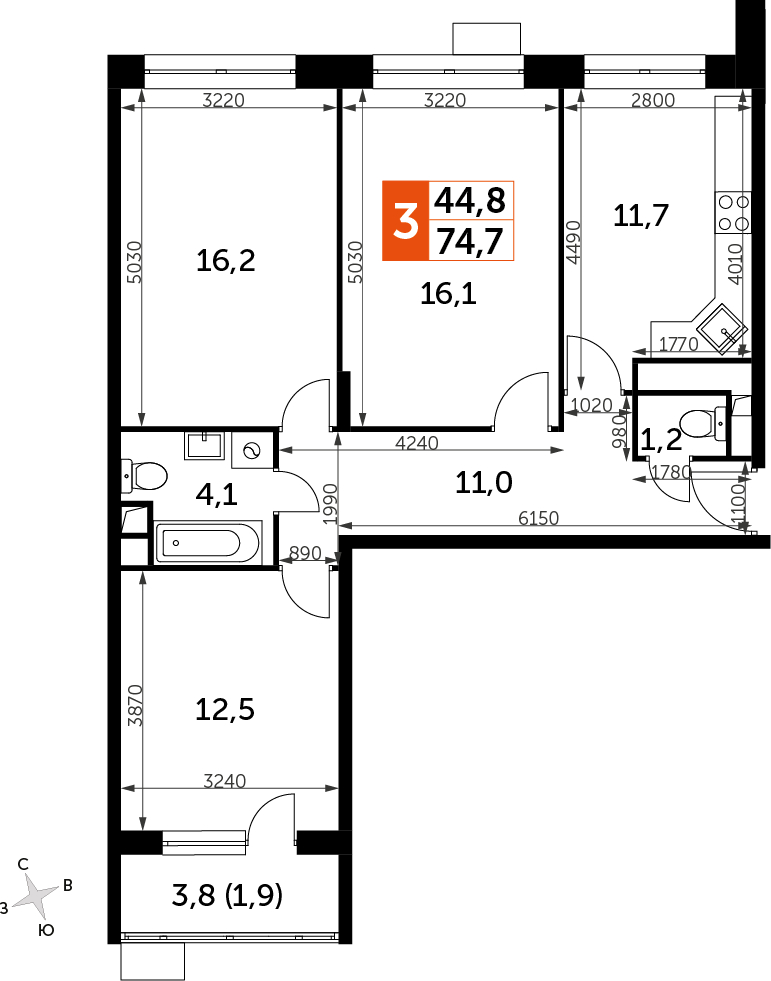 3-комнатная квартира в ЖК Датский квартал на 10 этаже в 12 секции. Сдача в 4 кв. 2023 г.