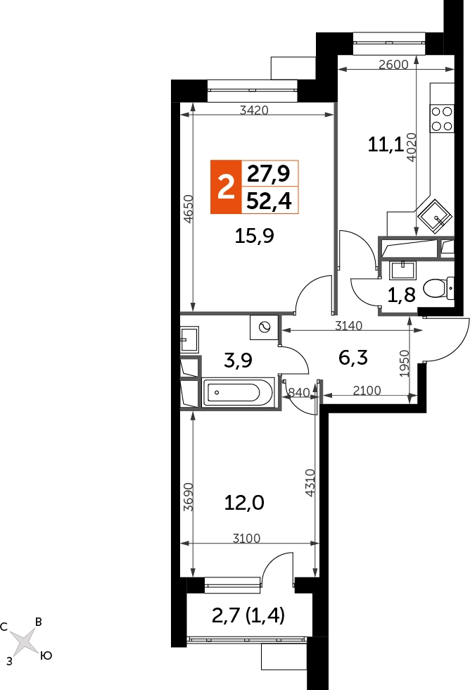 3-комнатная квартира в ЖК Датский квартал на 9 этаже в 13 секции. Сдача в 4 кв. 2023 г.