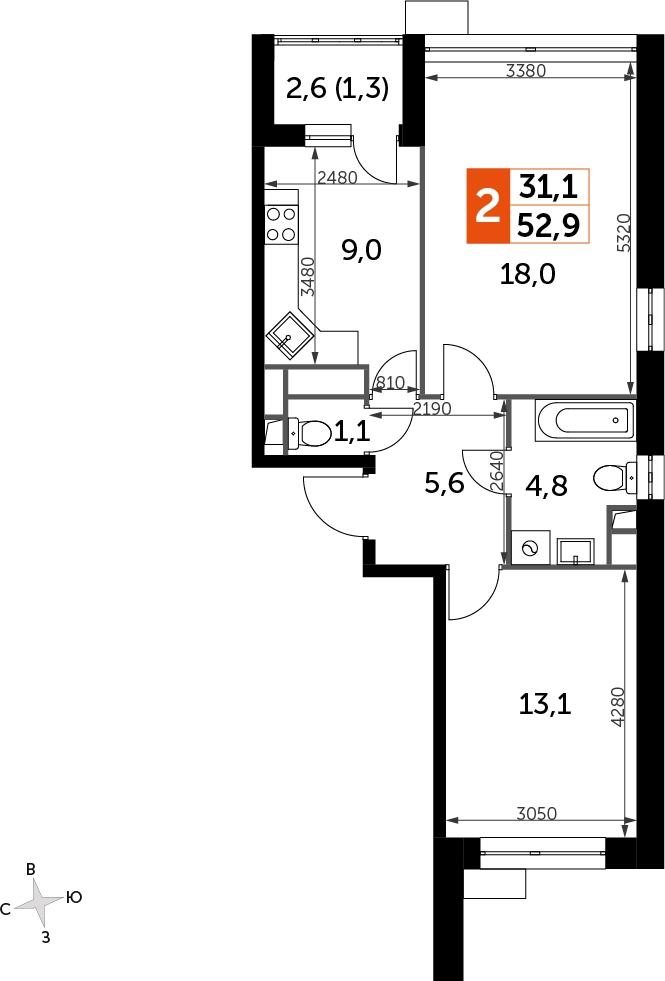 3-комнатная квартира в ЖК Время на 13 этаже в 1 секции. Сдача в 1 кв. 2019 г.