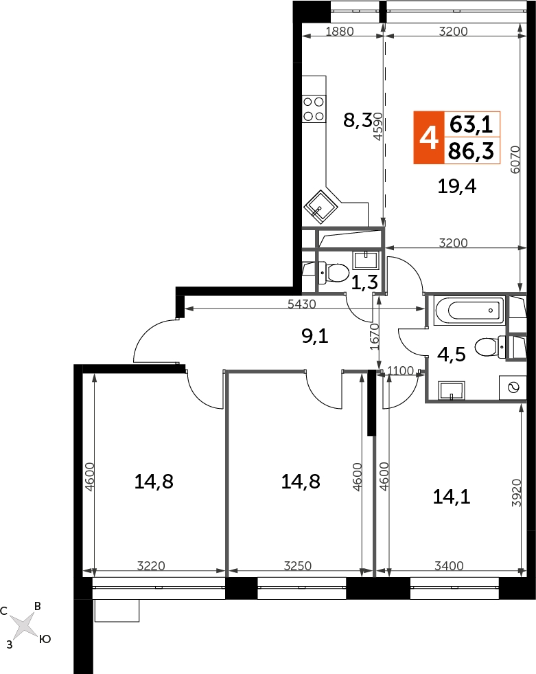 4-комнатная квартира с отделкой в ЖК Grand Deluxe на Плющихе на 4 этаже в 2 секции. Дом сдан.