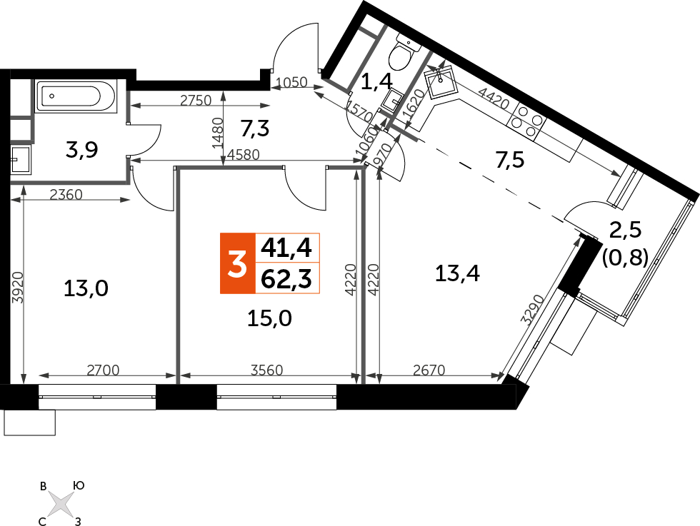 2-комнатная квартира с отделкой в ЖК Датский квартал на 14 этаже в 3 секции. Сдача в 4 кв. 2023 г.