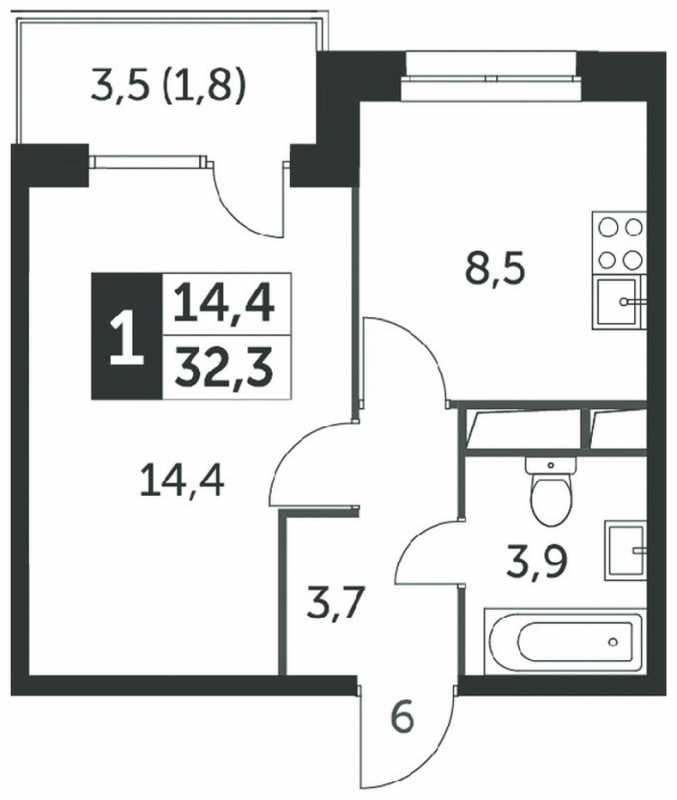 1-комнатная квартира в ЖК Отрадный на 7 этаже в 2 секции. Сдача в 1 кв. 2024 г.