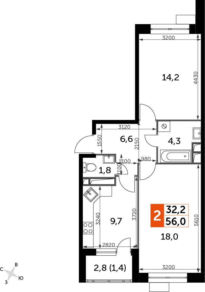 1-комнатная квартира в ЖК Отрадный на 15 этаже в 3 секции. Сдача в 1 кв. 2024 г.