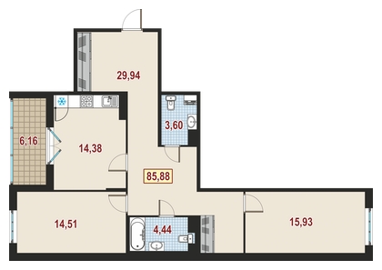 3-комнатная квартира в ЖК Датский квартал на 20 этаже в 17 секции. Сдача в 4 кв. 2023 г.