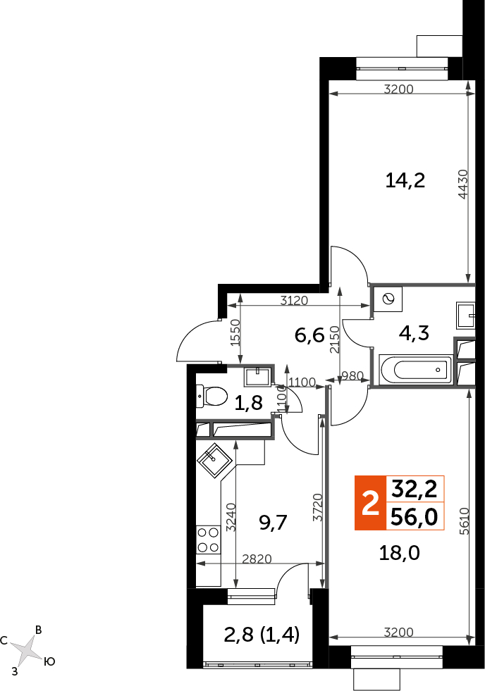 2-комнатная квартира в ЖК Резиденции Замоскворечье на 4 этаже в 2 секции. Дом сдан.