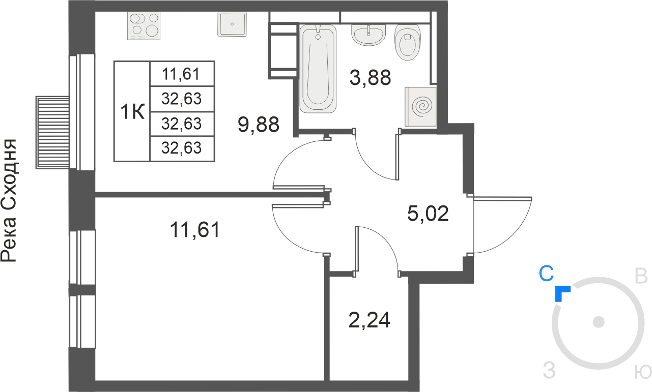 1-комнатная квартира (Студия) с отделкой в ЖК Большое Путилково на 16 этаже в 4 секции. Сдача в 3 кв. 2026 г.