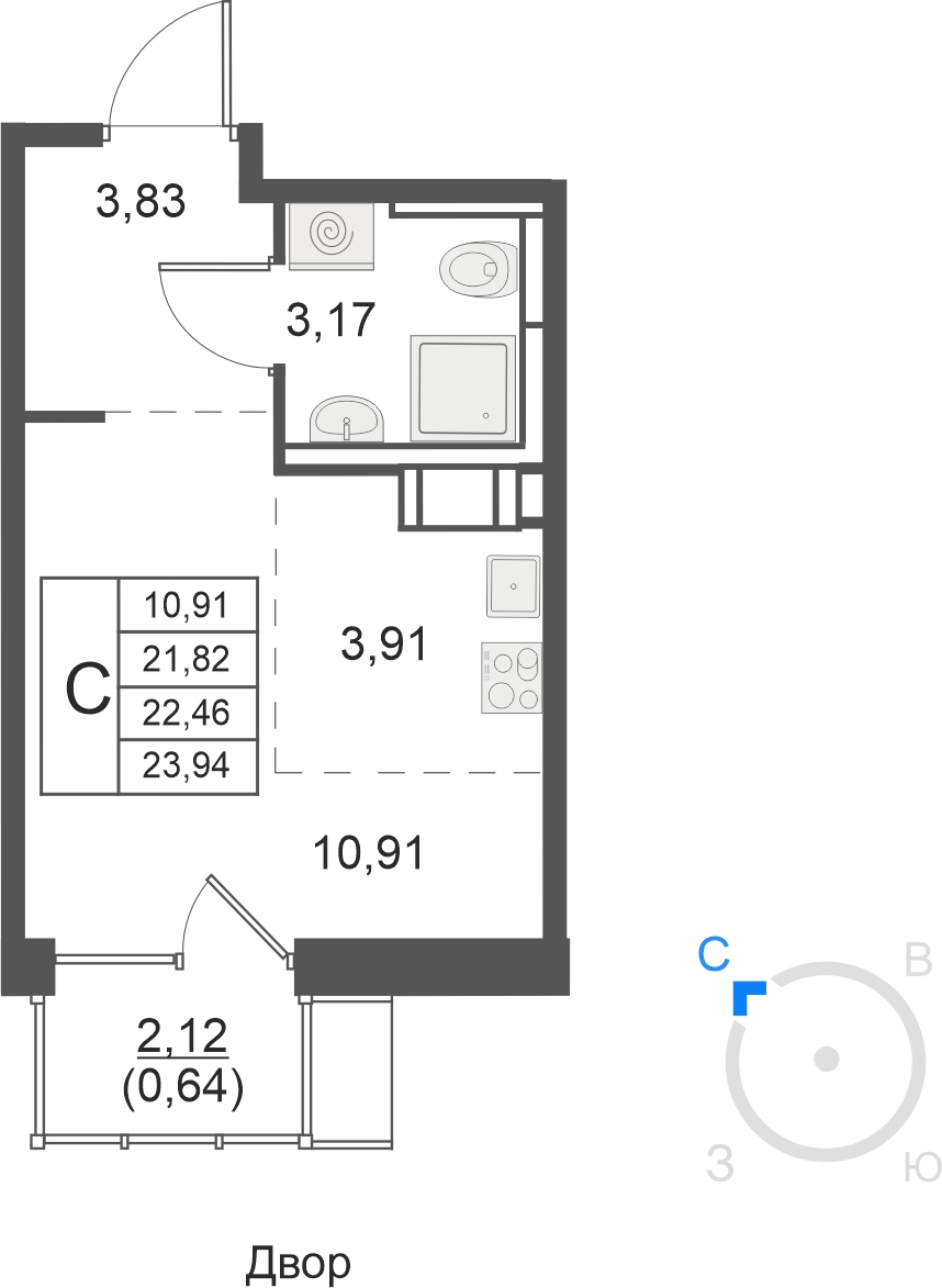 1-комнатная квартира (Студия) с отделкой в ЖК Михайловский парк на 26 этаже в 2 секции. Сдача в 2 кв. 2024 г.