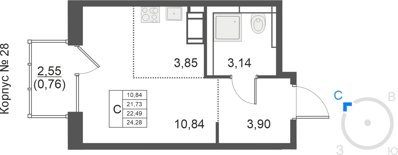 1-комнатная квартира (Студия) с отделкой в ЖК Михайловский парк на 33 этаже в 2 секции. Сдача в 2 кв. 2024 г.