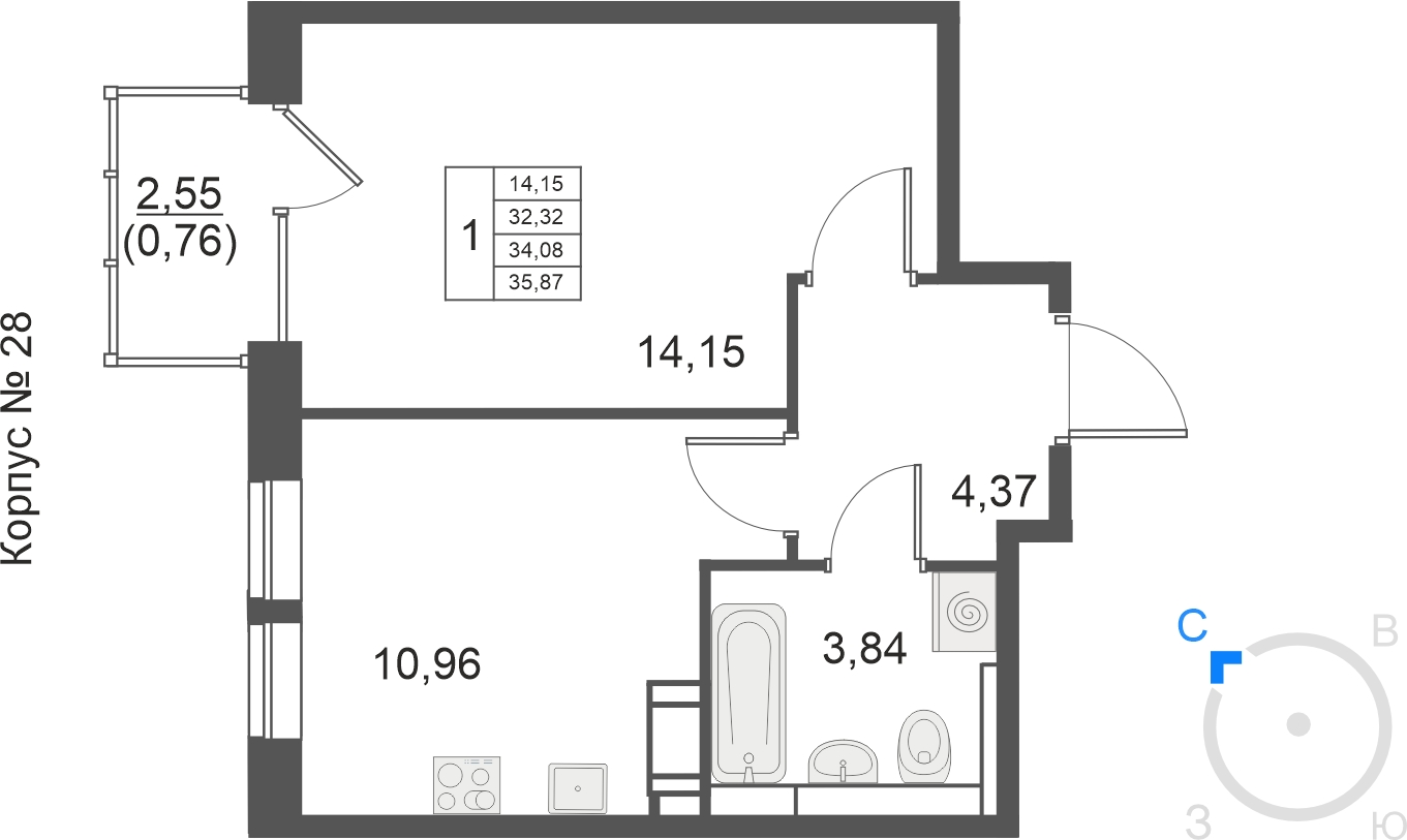 1-комнатная квартира с отделкой в ЖК Михайловский парк на 30 этаже в 1 секции. Сдача в 2 кв. 2024 г.