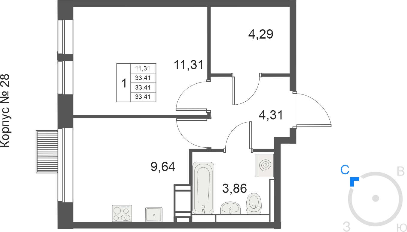 1-комнатная квартира (Студия) в ЖК Большое Путилково на 11 этаже в 3 секции. Сдача в 3 кв. 2026 г.