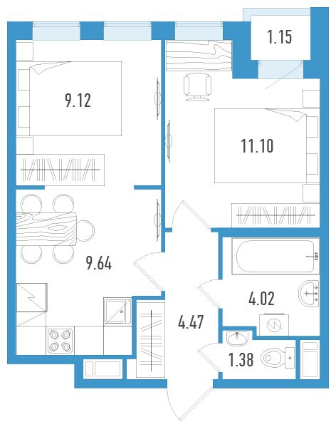 1-комнатная квартира с отделкой в ЖК AEROCITY CLUB на 6 этаже в и секции. Сдача в 4 кв. 2021 г.