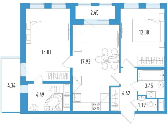 2-комнатная квартира с отделкой в ЖК Люберцы на 16 этаже в 2 секции. Сдача в 3 кв. 2023 г.