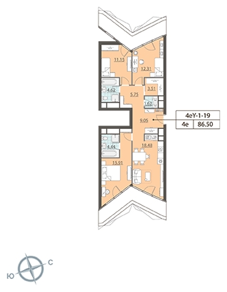 3-комнатная квартира в ЖК Жилой микрорайон Одинбург на 14 этаже в 4 секции. Сдача в 2 кв. 2025 г.