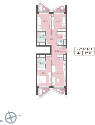 3-комнатная квартира с отделкой в МФК Маршал на 14 этаже в 2 секции. Дом сдан.