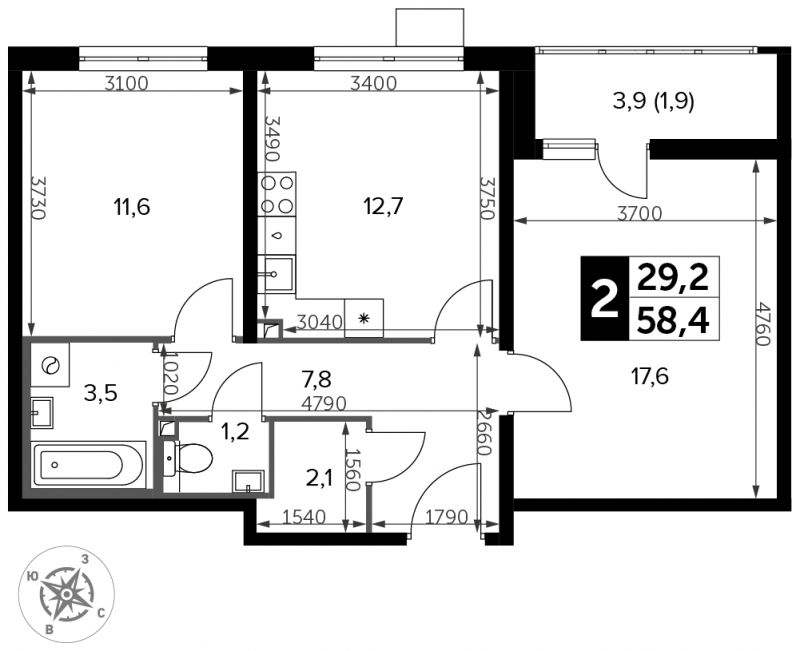 2-комнатная квартира с отделкой в ЖК Черная Речка на 6 этаже в 2 секции. Сдача в 4 кв. 2023 г.