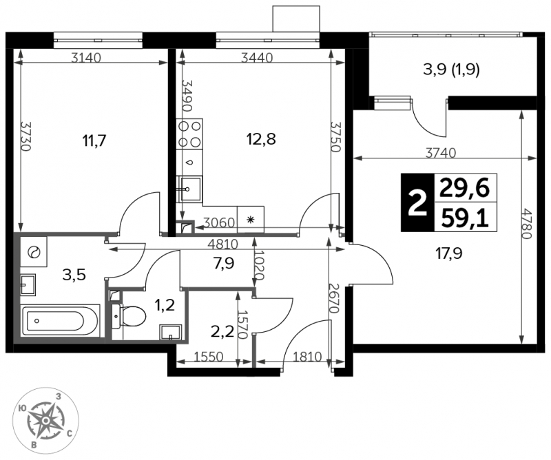 3-комнатная квартира с отделкой в ЖК Черная Речка на 5 этаже в 1 секции. Сдача в 4 кв. 2023 г.