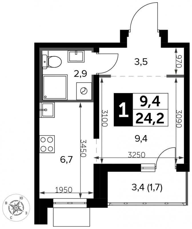 1-комнатная квартира в ЖК Черная Речка на 7 этаже в 5 секции. Сдача в 4 кв. 2023 г.
