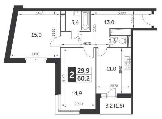 2-комнатная квартира с отделкой в ЖК Южная Битца на 14 этаже в 2 секции. Сдача в 2 кв. 2021 г.