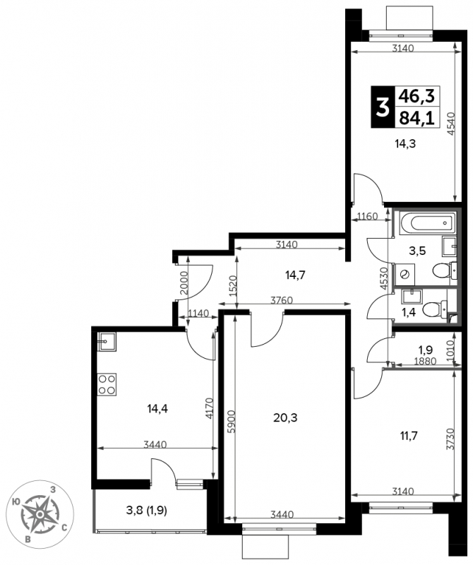 1-комнатная квартира в ЖК Южная Битца на 11 этаже в 11 секции. Сдача в 4 кв. 2021 г.