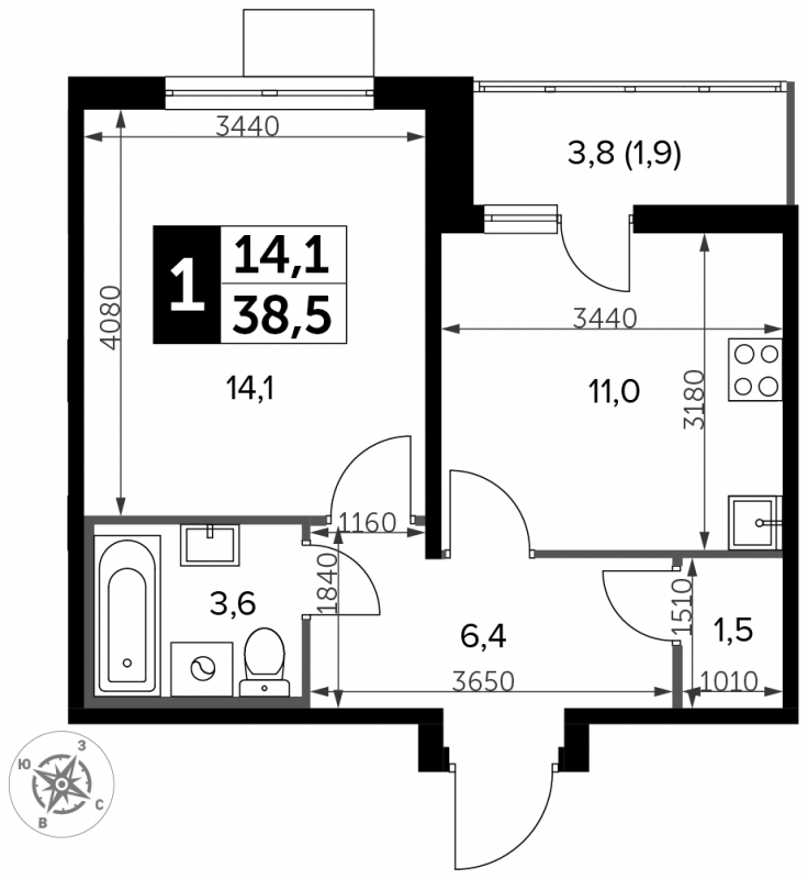 1-комнатная квартира с отделкой в ЖК Южная Битца на 2 этаже в 3 секции. Сдача в 4 кв. 2021 г.