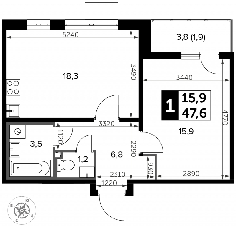 1-комнатная квартира в ЖК LIFE-Варшавская на 2 этаже в 4 секции. Сдача в 1 кв. 2024 г.