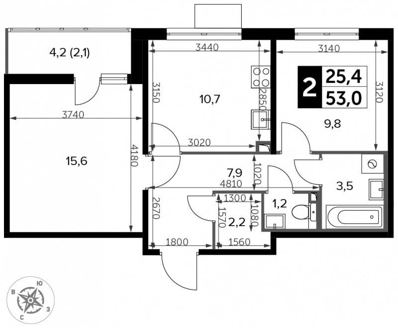 2-комнатная квартира в ЖК Настроение на 7 этаже в 4 секции. Сдача в 1 кв. 2021 г.