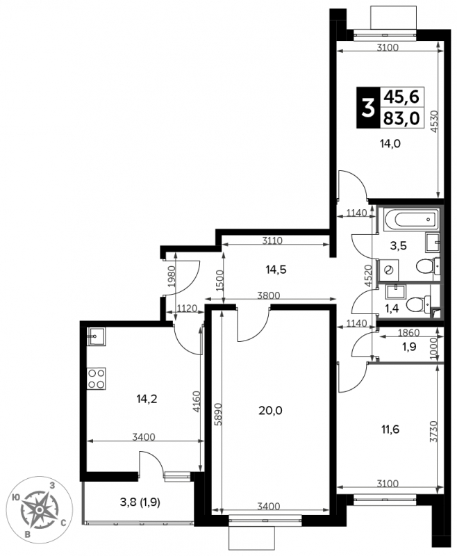 3-комнатная квартира с отделкой в ЖК Черная Речка на 8 этаже в 4 секции. Сдача в 4 кв. 2023 г.