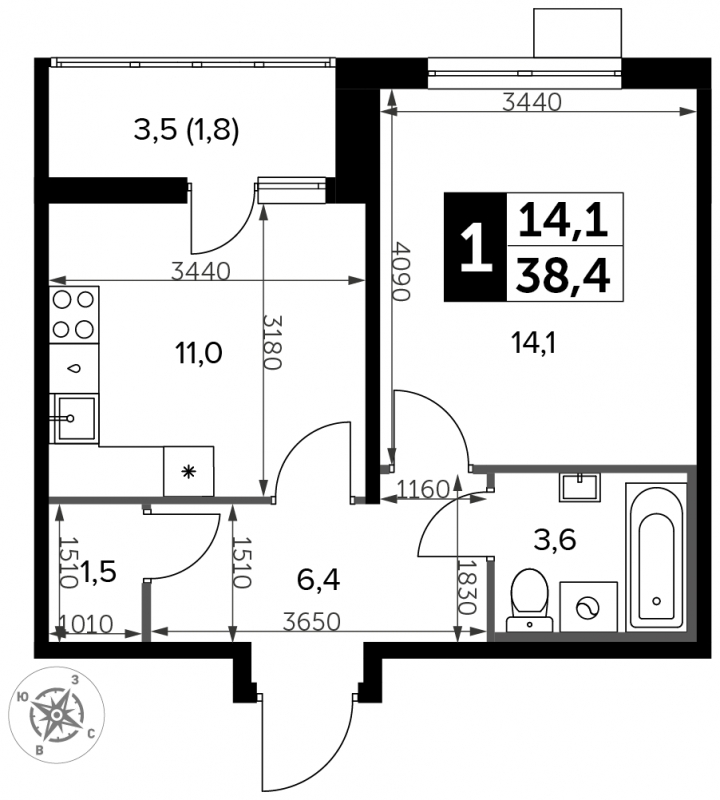 1-комнатная квартира (Студия) с отделкой в ЖК Южная Битца на 19 этаже в 7 секции. Сдача в 4 кв. 2021 г.