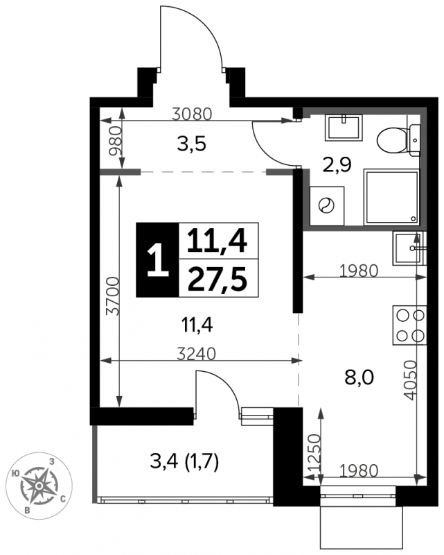 1-комнатная квартира в ЖК Отрадный на 11 этаже в 1 секции. Сдача в 1 кв. 2024 г.