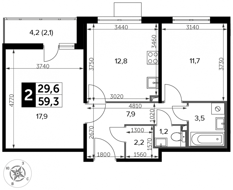 2-комнатная квартира в ЖК Настроение на 3 этаже в 4 секции. Сдача в 1 кв. 2021 г.